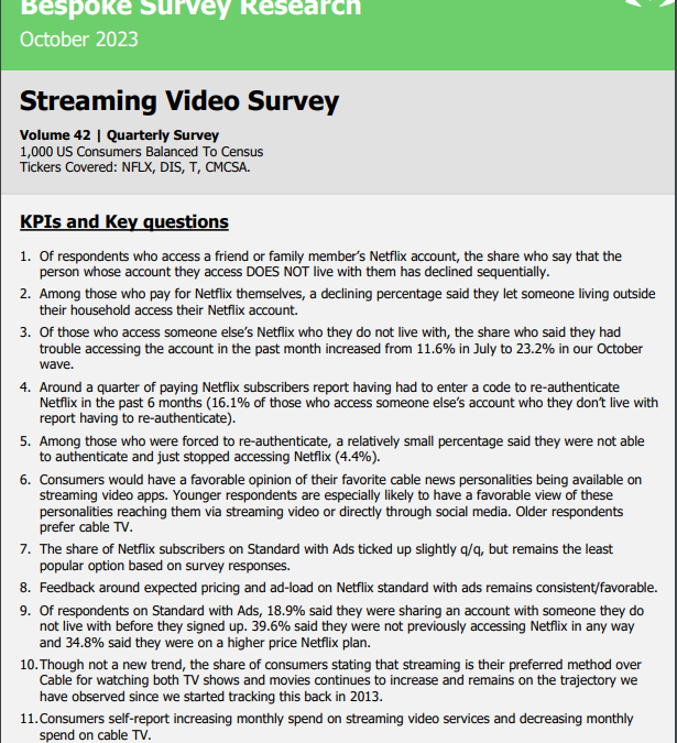 Bespoke – Streaming Video Domestic, Vol 42 (NFLX, DIS, AMZN, AAPL, etc)
